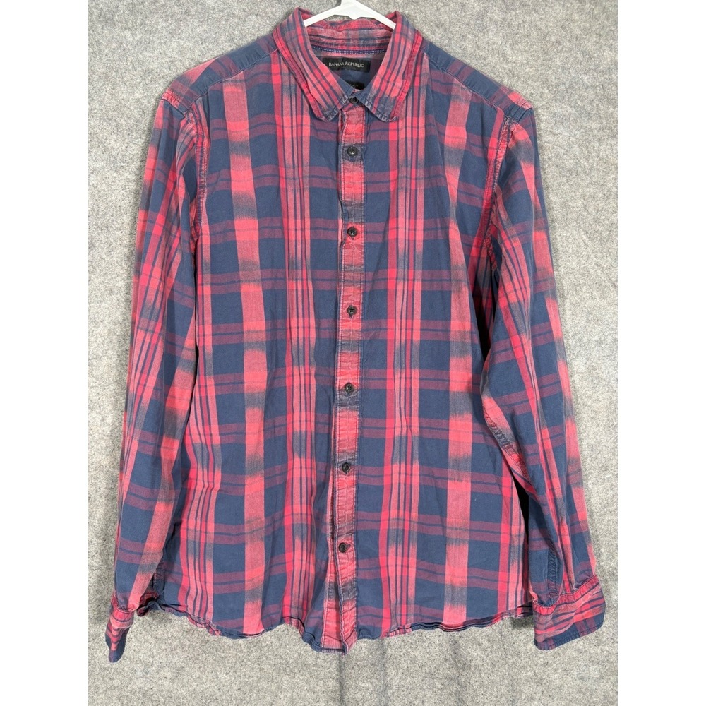 Banana Republic Camden Fit Mens Large Red Navy Blue Plaid Cotton Button Down